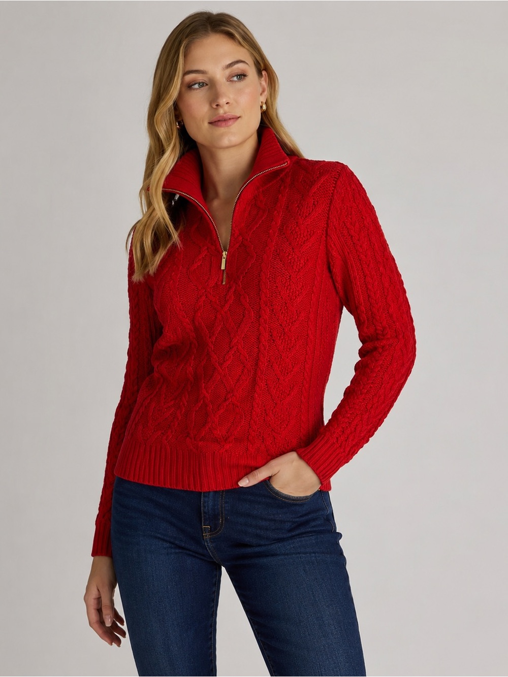 Lauren Ralph Lauren Petite Red Cable Knit Quarter Zip Sweater P/M 100% Cotton